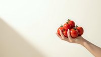 Fresh red tomatoes held in cupped hands against clean beige background showcasing organic produce and healthy eating lifestyle choices.
