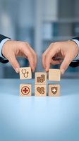Businessman arranging wooden blocks with healthcare icons including stethoscope, medical cross, and heart symbols, representing health insurance, medical coverage, and wellness planning concepts.