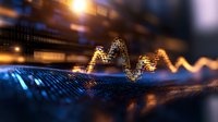 Glowing golden wave pattern on digital surface with bokeh background effect creates dynamic financial market visualization for business presentations.