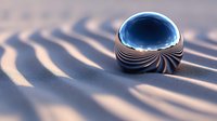 Mesmerizing striped ring with blue crystal sphere reflecting light on textured surface creates dramatic shadows and patterns, suitable for jewelry advertising.
