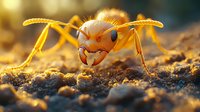 Macro photography of yellow ant on soil in golden sunlight showing detailed head, mandibles and antennae. Close-up nature shot with shallow depth of field and warm tones.