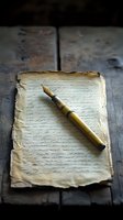Vintage fountain pen resting on aged manuscript with handwritten text on weathered wooden surface, creating nostalgic atmosphere for historical or literary concepts.