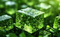 Green translucent jelly cubes with bubbles on blurred natural background. Refreshing dessert or cosmetic concept with water drops and bokeh effect.