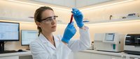 Female scientist, Caucasian ethnicity, wearing white lab coat and blue latex gloves, examining test tube in modern laboratory setting with equipment and monitors in background.