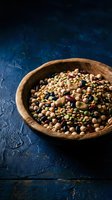 Wooden bowl filled with colorful mixed legumes and beans on dark blue rustic surface for healthy cooking and nutrition concepts.