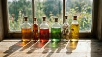 Assorted glass bottles filled with colorful liquids and herbs arranged on windowsill with natural light and blurred garden view, suitable for wellness, herbal remedies, and apothecary concepts.