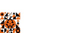 Geometric jack-o-lantern composed of orange and black triangles, circles, and abstract shapes forming a festive Halloween pumpkin face design on isolated white background.