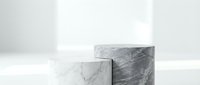 Minimalist marble podium display with geometric cube platforms on clean white background for luxury product presentation and branding showcase.
