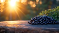Fresh juniper berries on rustic wooden surface at sunset with golden sunburst and bokeh background, aromatic spice ingredient for gin production and cooking.
