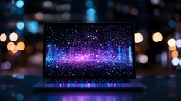 Laptop displaying cosmic nebula visualization with vibrant blue and purple space effects against blurred bokeh background, modern technology meets astronomy concept.