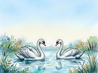 Two elegant swans glide gracefully across a serene lake, surrounded by lush waterside vegetation and soft natural light, perfect for nature and wildlife design projects.