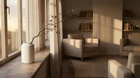 Minimalist living room interior with natural sunlight streaming through large windows creating geometric shadows on wooden floor and modern furniture.