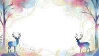Watercolor deer silhouettes with antlers frame delicate botanical elements and golden foliage creating elegant border for wedding invitations and cards.