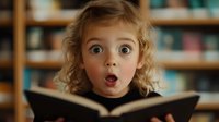 Young Caucasian girl with curly blonde hair and wide-eyed surprised expression while reading book in library, capturing genuine moment of wonder and discovery in education.