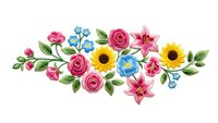 Colorful floral arrangement with roses, sunflowers, lilies and small blooms on white background. Isolated botanical design for greeting cards, invitations.