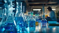 Laboratory glassware with colorful chemical solutions in blue and yellow tones on dark background, scientific research concept with dramatic lighting and bokeh effects.