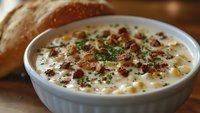 Creamy potato soup with crispy bacon bits and fresh herbs served in white bowl alongside crusty bread for comfort food dining and restaurant menu.
