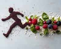 Creative food art composition with quinoa silhouette of running man, fresh berries, oats and spinach leaves on white background, healthy lifestyle concept.