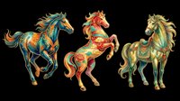 Ornate carousel horses with decorative patterns in gold, teal, and red isolated on transparent background, ready for t-shirt designs, clipart, stickers, sublimation, and print-on-demand projects.