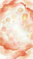 Watercolor oriental frame with red and gold clouds, decorative scrollwork borders, and hanging lanterns on soft blurred background. Isolated design element for greeting cards, invitations, and festive celebrations.