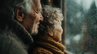 Elderly couple looking through rainy window together, senior man and woman in warm clothing sharing intimate moment during storm weather.