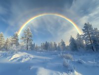 Vibrant double rainbow arches over snowy winter forest landscape with frost covered pine trees and pristine white drifts against dramatic cloudy blue sky.