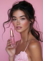 Young Asian woman with natural makeup holding pink lipstick against pink background. Messy updo hairstyle and glowing skin showcase beauty and cosmetics advertising.