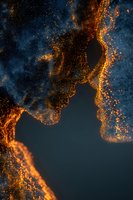 Abstract cosmic composition with glowing golden particles forming fluid shapes against deep blue background, creating ethereal nebula-like effect.