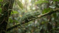 Green chameleon camouflaged on moss-covered branch in tropical rainforest habitat with lush vegetation and natural lighting for wildlife photography.