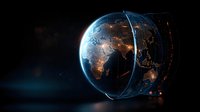 Glowing digital Earth with illuminated city lights and network connections shown against dark space background, depicting global telecommunications and data exchange.