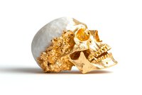 Luxury human skull half-covered in gold leaf on white background, showcasing contrast between natural bone and precious metal for artistic display.