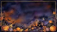 Watercolor Halloween night scene with glowing jack-o-lanterns, haunted castle, bats, and autumn leaves on dark moody background with copy space.