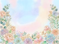 Soft watercolor floral border with pastel roses, peonies, and greenery on a dreamy gradient background, perfect for cards and invitations.