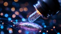 Glowing magical sparkles pouring from glass bottle against dark background with bokeh lights creating mystical atmosphere for fantasy and magical designs.