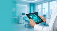 Healthcare professional using digital tablet with medical brain scan in modern hospital clinic environment for patient diagnosis and treatment planning.