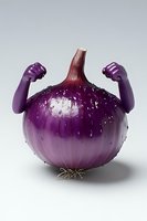 Strong purple onion with muscular arms flexing against light gray background, water droplets on glossy surface. Fresh produce concept for healthy eating.