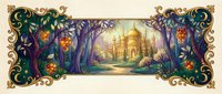 Ornate decorative border frame with fantasy castle view through magical forest archway featuring golden palace, flowering vines, and elaborate scrollwork design.