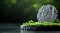 Minimalist memorial stone on moss-covered rock platform against dark green background creates somber, contemplative atmosphere for remembrance designs.