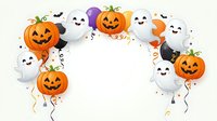 Festive Halloween balloons with carved jack-o-lantern pumpkins and friendly ghost faces arranged in a decorative arch frame with confetti on isolated white background.