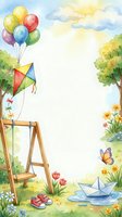 Watercolor children playground border with swing, kite, balloons, butterfly, paper boat, and flowers, leaving white copy space for text.