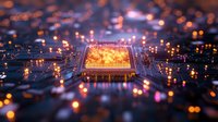Glowing microprocessor on circuit board with orange and blue bokeh lights creating futuristic technology atmosphere. Macro photography with selective focus effect.