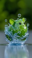 Green frog emerging from water splash crown with floating droplets, creating playful nature-inspired art against blurred background. For creative design projects.