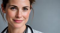 Professional female doctor with stethoscope smiling confidently in medical setting for healthcare and wellness concepts.