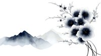 Delicate navy blue flowers with mountain silhouettes in misty watercolor style on white background, oriental art composition for wall decor and textile design.
