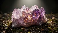 Raw amethyst crystal cluster with purple and pink hues on natural earth surface for healing meditation and spiritual wellness practices.