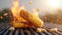 Grilled corn on the cob with butter and spices on wooden surface, dramatic lighting with steam and flying seasonings in golden sunset atmosphere.
