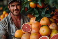 Caucasian male farmer smiling near fresh citrus harvest with cut grapefruit showing pink flesh, surrounded by whole oranges and green leaves in orchard.