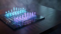 Futuristic holographic chess set with glowing neon pieces in blue and purple colors on dark surface for gaming and technology concepts.