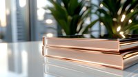 Stacked rose gold books on desk with green plant and city skyline in soft focus background, suitable for education and lifestyle content.