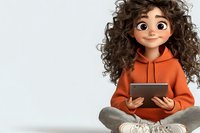 Young girl with curly dark hair wearing orange hoodie sits cross-legged while holding digital tablet, expressing joy and curiosity in learning. Animation style character.